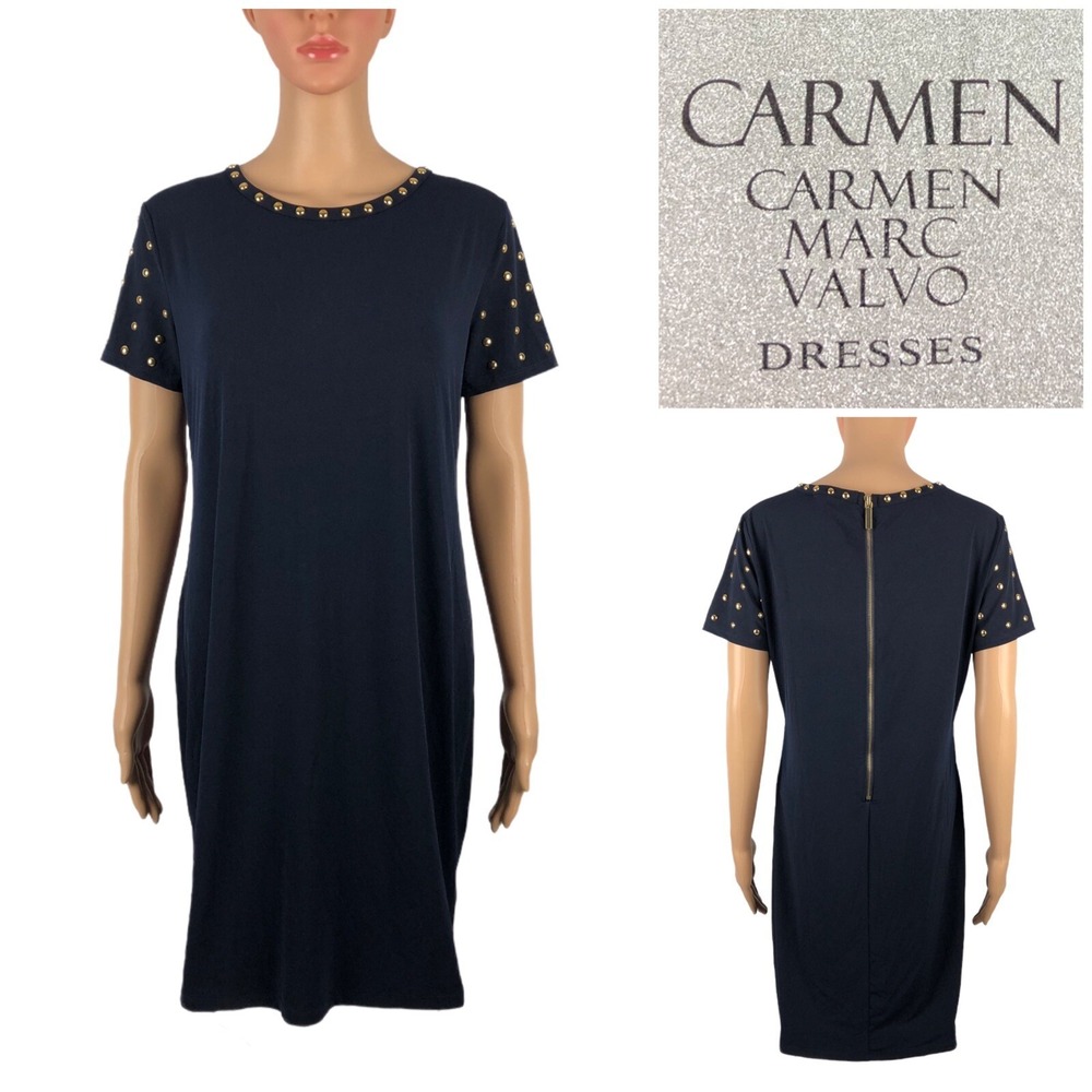 Carmen Marc Valvo Womens Medium Blue Studded Short Sleeve Sheath Stretch NWT - Picture 1 of 11